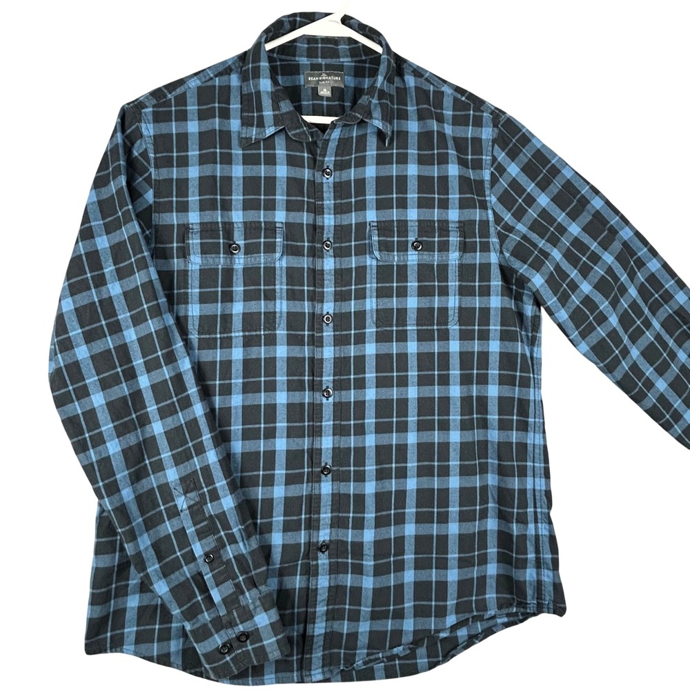 L.L Bean Signature Mens Flannel Shirt Long Sleeve Blue Plaid Slim Fit Size M